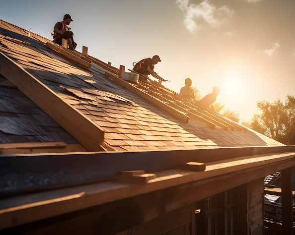 Plusieurs couvreurs installent des bardeaux de bois sur une toiture, éclairés par un soleil couchant. Travaux de rénovation de maison.