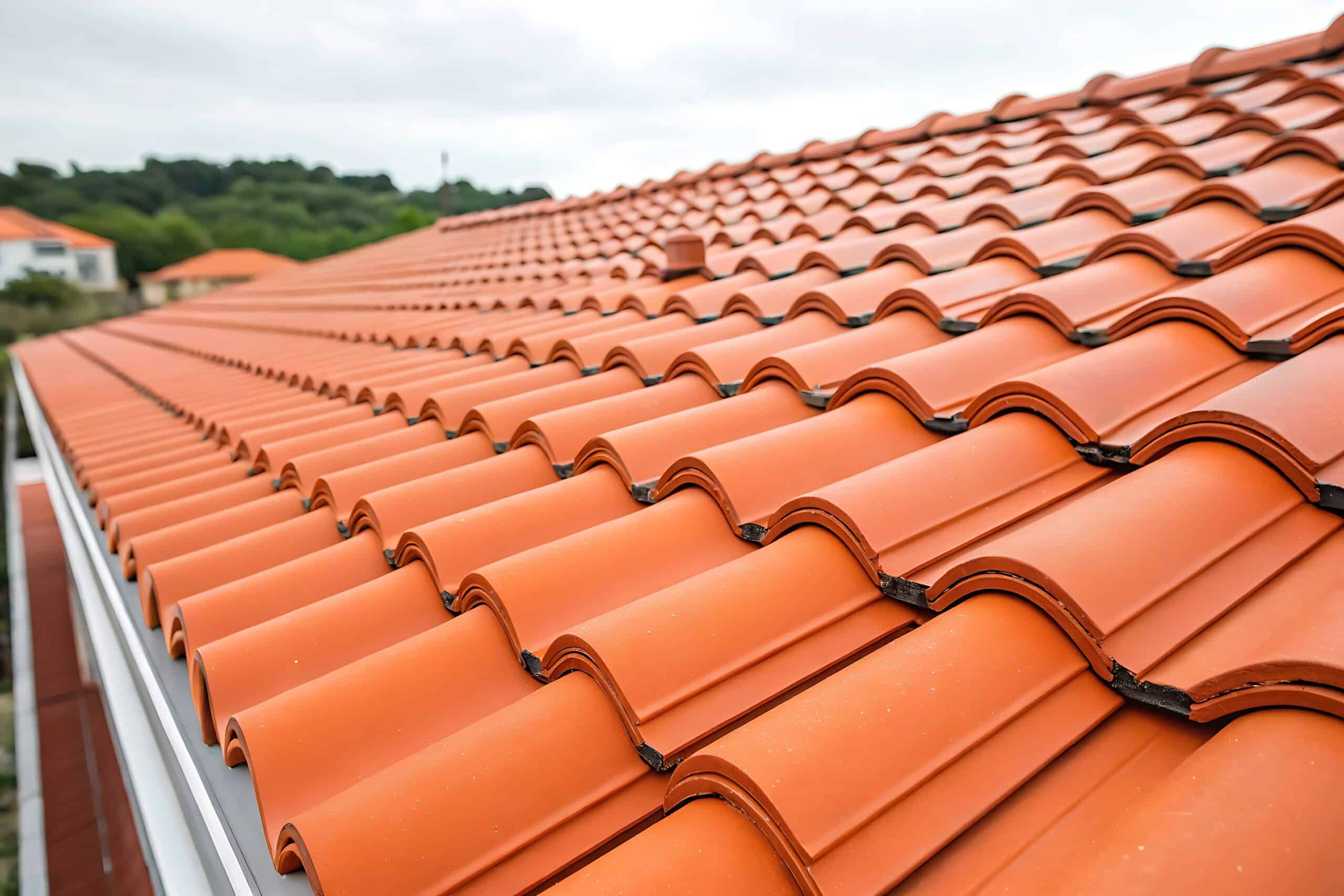 Long toit de maison en tuiles de terracotta orange-rouge, posées en rangées nettes, avec gouttière. Vue d'ensemble sous ciel nuageux.